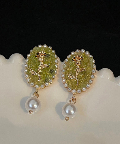 Green Sterling Silver Rose Pearl Drop Earrings