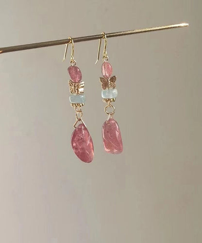 Pink Sterling Silver Overgild Crystal Butterfly Drop Earrings