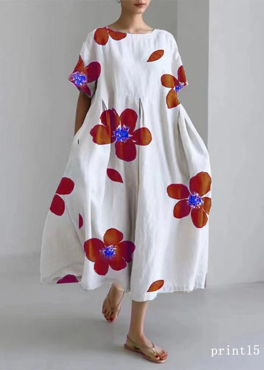 Flower Print15 Cotton Dresses Pockets Patchwork Spring