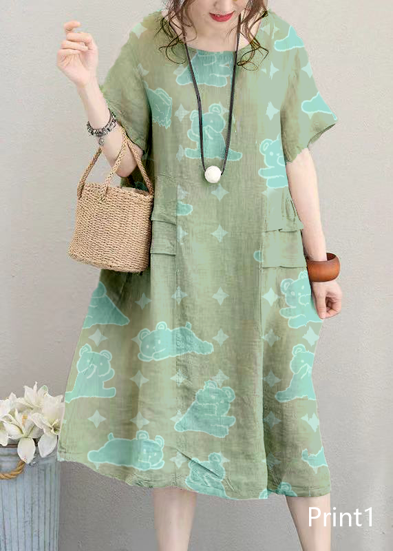 Fine Print3 Linen Dress Linen Clothing Dresses O Neck Patchwork Cotton Dress