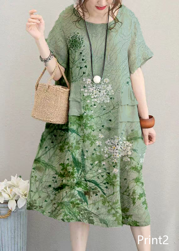 Fine Print4 Linen Dress Linen Clothing Dresses O Neck Patchwork Cotton Dress