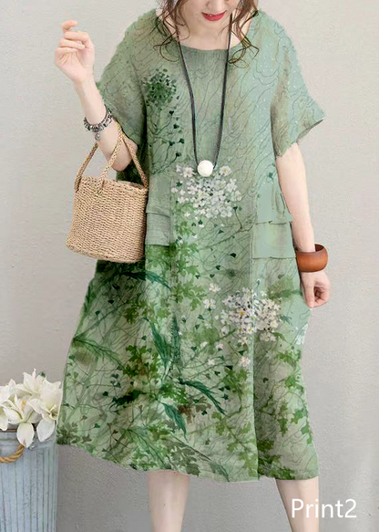 Fine Print3 Linen Dress Linen Clothing Dresses O Neck Patchwork Cotton Dress