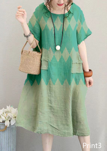 Fine Print2 Linen Dress Linen Clothing Dresses O Neck Patchwork Cotton Dress