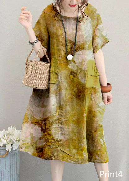 Fine Print3 Linen Dress Linen Clothing Dresses O Neck Patchwork Cotton Dress