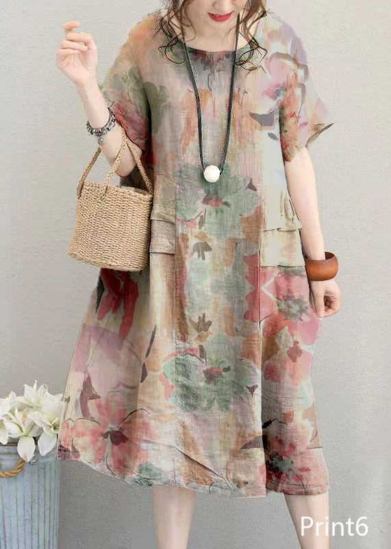 Fine Print4 Linen Dress Linen Clothing Dresses O Neck Patchwork Cotton Dress