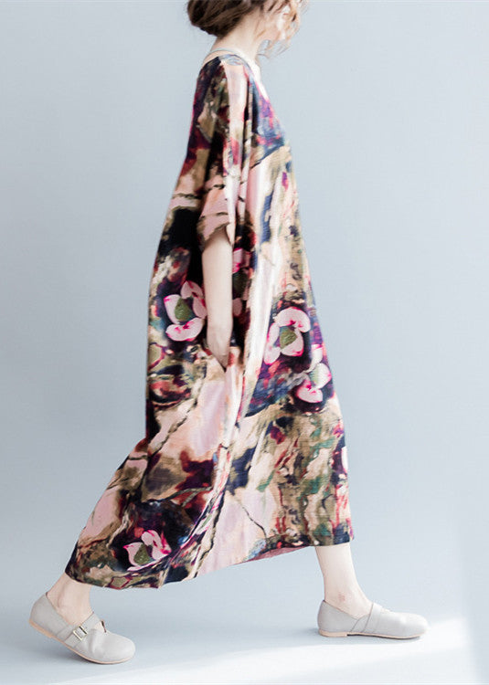 Fine Pink Prints Linen Dresses O Neck Linen Maxi Dress Fine Short Sleeve Linen Caftans