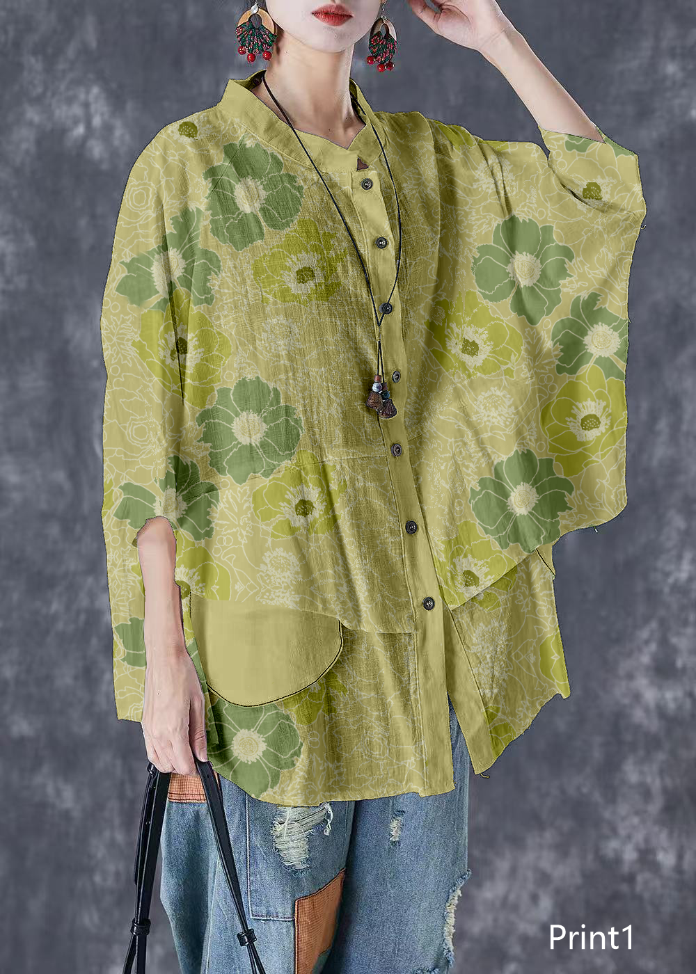 Print7 Stand Collar Patchwork Linen Shirt Tops Batwing Sleeve