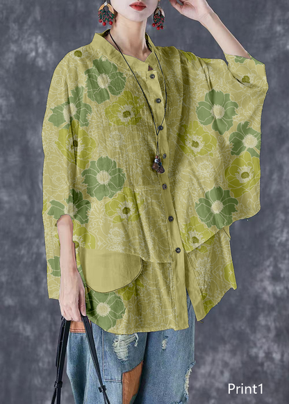 Print1 Stand Collar Patchwork Linen Shirt Tops Batwing Sleeve