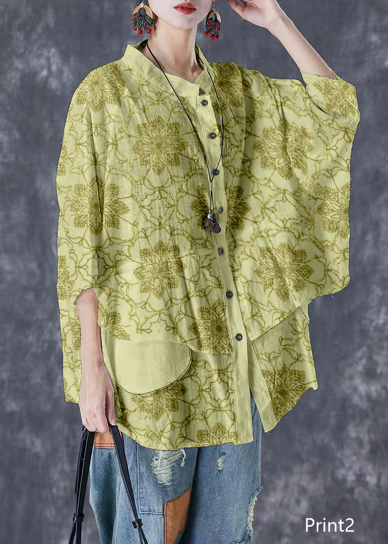 Print7 Stand Collar Patchwork Linen Shirt Tops Batwing Sleeve