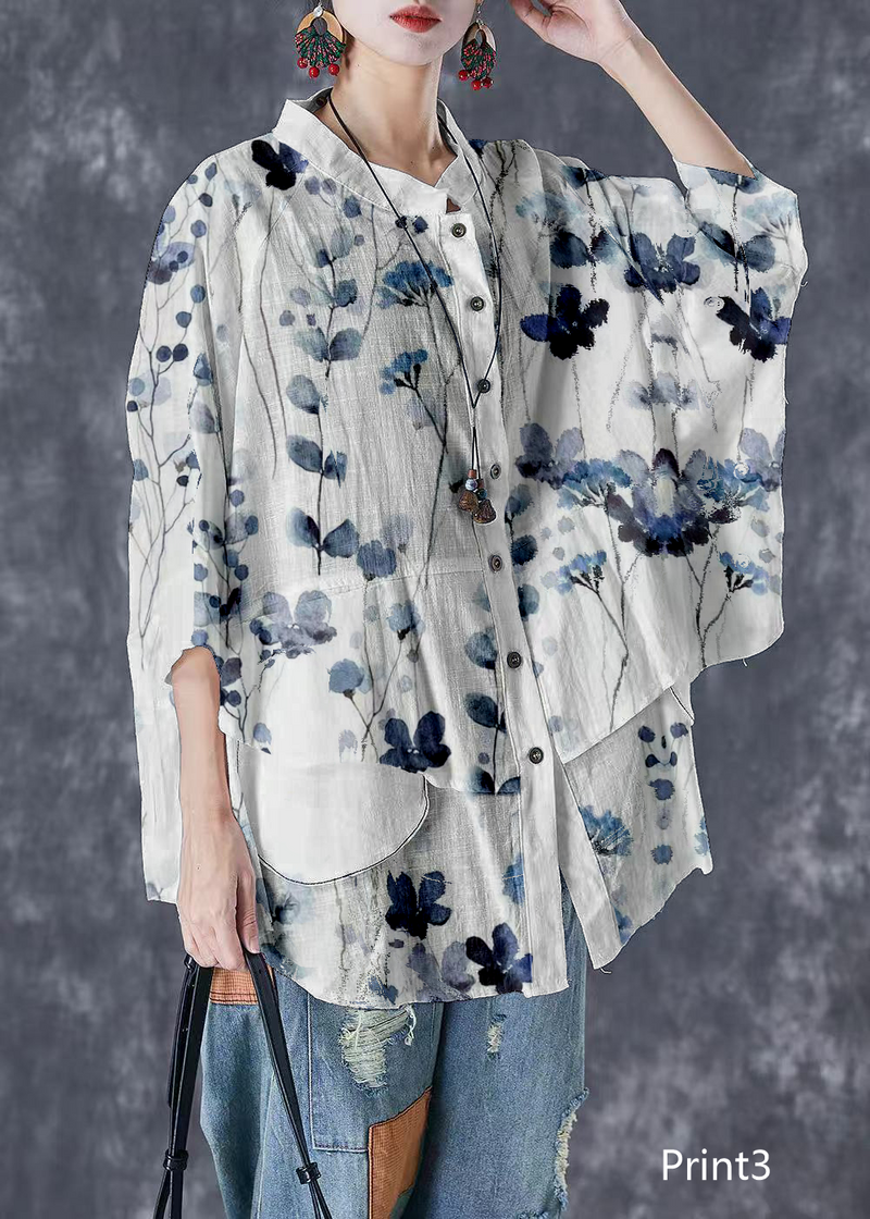 Print3 Stand Collar Patchwork Linen Shirt Tops Batwing Sleeve