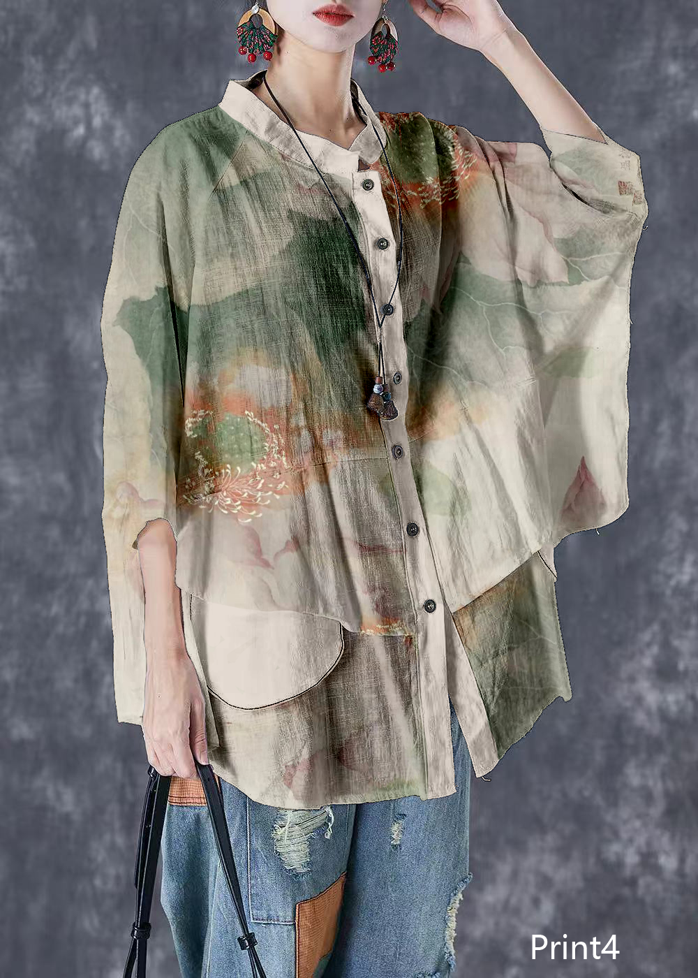 Print4 Stand Collar Patchwork Linen Shirt Tops Batwing Sleeve