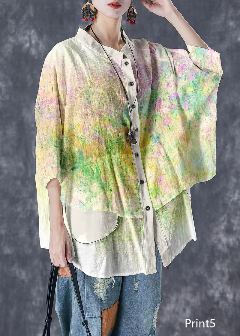 Print7 Stand Collar Patchwork Linen Shirt Tops Batwing Sleeve