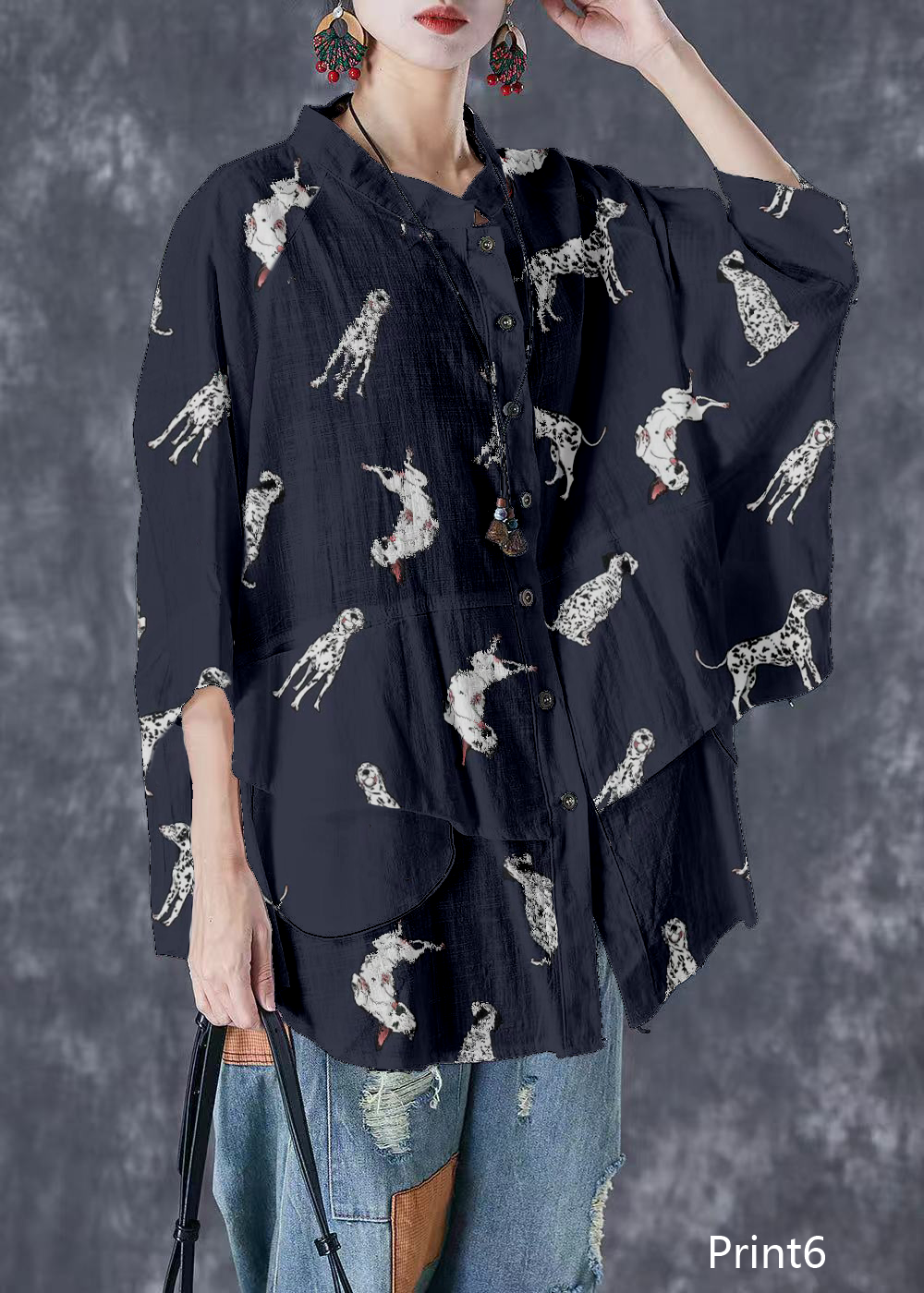Print3 Stand Collar Patchwork Linen Shirt Tops Batwing Sleeve