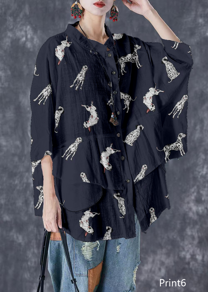 Print4 Stand Collar Patchwork Linen Shirt Tops Batwing Sleeve