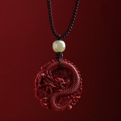 Buddha Stones Year of the Dragon Natural Cinnabar Hetian Jade Bead Copper Coin Attract Wealth Strength Necklace Pendant