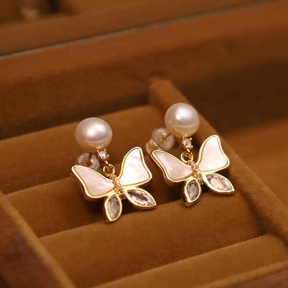 Buddha Stones 18k Gold Plated Copper Natural Shell Pearl Butterfly Sincerity Stud Earrings