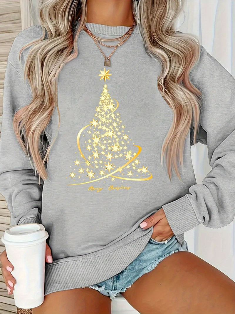 Yule Sweatshirt with Cotton Print Golden Christmas Tree Design