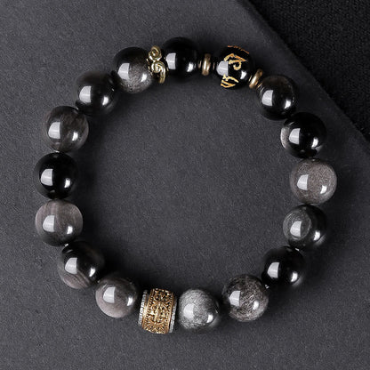 Buddha Stones Natural Silver Sheen Obsidian Tiger's Eye Six True Words 'om Mani Padme Hum' Strength Bracelet