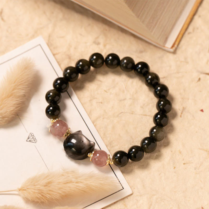 Buddha Stones Black Obsidian Strawberry Quartz Beads Silver Sheen Obsidian Cat Head Strength Bracelet