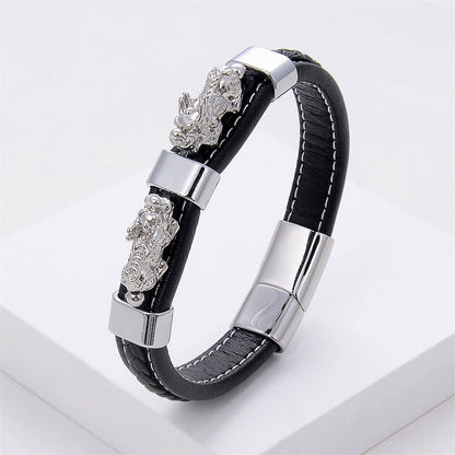 Buddha Stones Double Pixiu Wealth Luck Leather Magnetic Buckle Bracelet