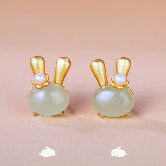 Buddha Stones 925 Sterling Silver Natural Hetian Jade Rabbit Pearl Abundance Earrings