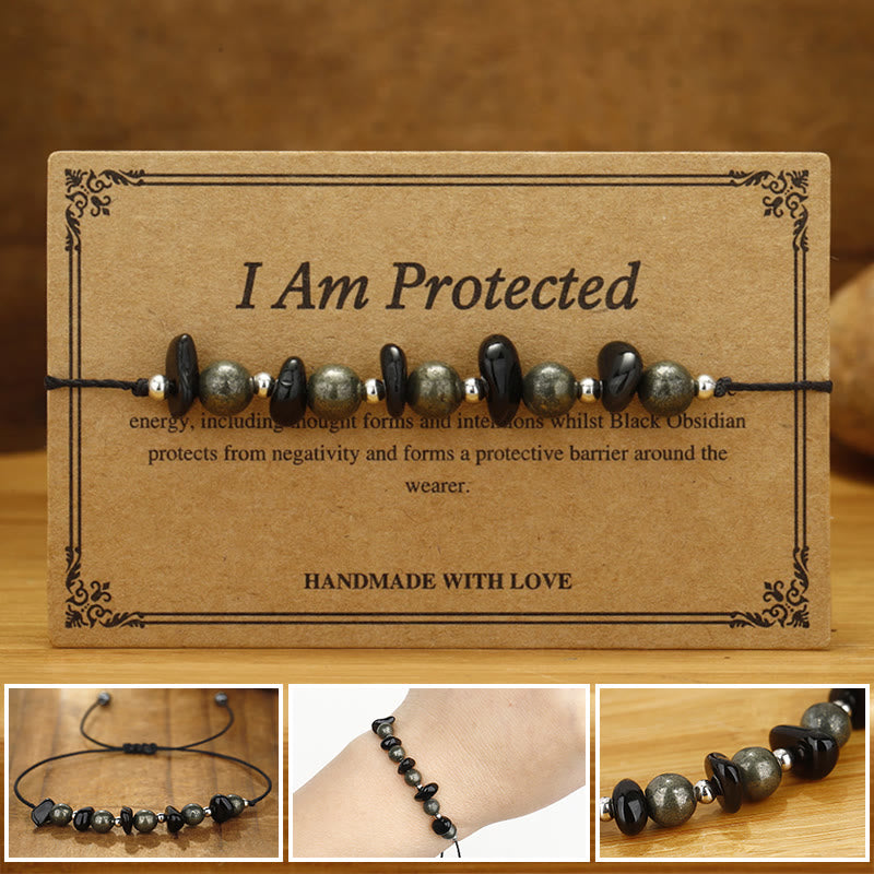 Buddha Stones I Am Protected Iron Pyrite Black Obsidian Fulfillment Bracelet
