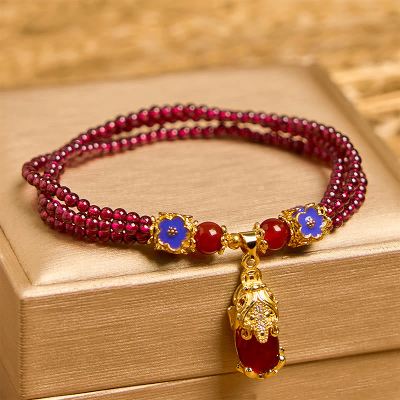 Buddha Stones Natural 3mm Garnet Beads Pixiu Flower Purification Multilayer Bracelet
