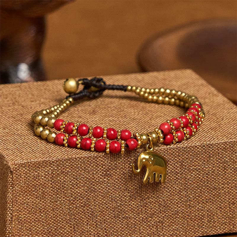 Buddha Stones Turquoise Elephant Luck Double-layer Plated Copper Strength Bracelet