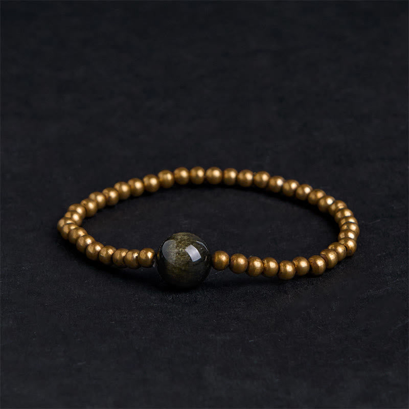 Buddha Stones Plated Copper Brass Gold Sheen Obsidian Protection Wealth Bracelet