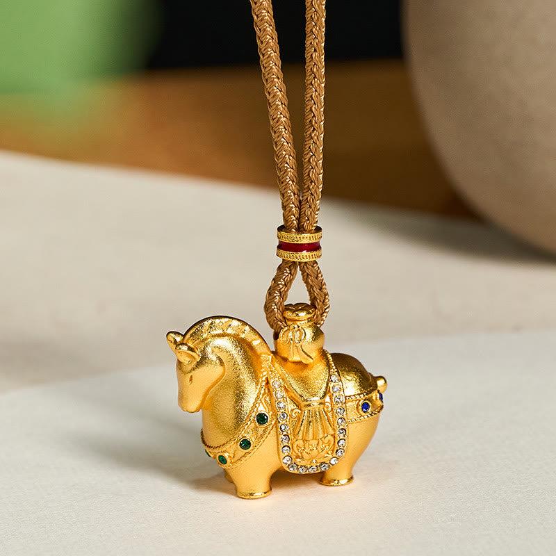 Buddha Stones Year of the Horse 24k Gold Plated Brass Rope Cord Necklace Pendant