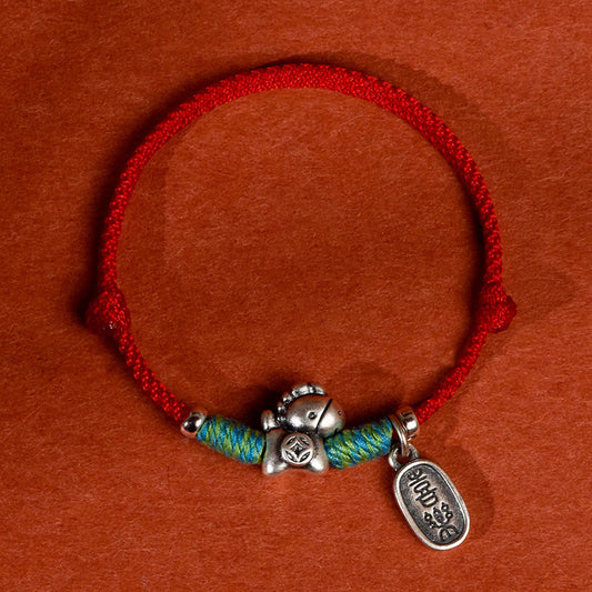 Buddha Stones 999 Sterling Silver Year of the Horse 925 Sterling Silver Peace and Joy Charm String Braided Luck Bracelet Anklet