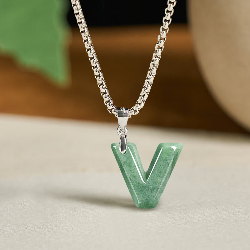 Buddha Stones Natural A-z Letter Jade Titanium Steel Wide Chain Prosperity Necklace Pendant
