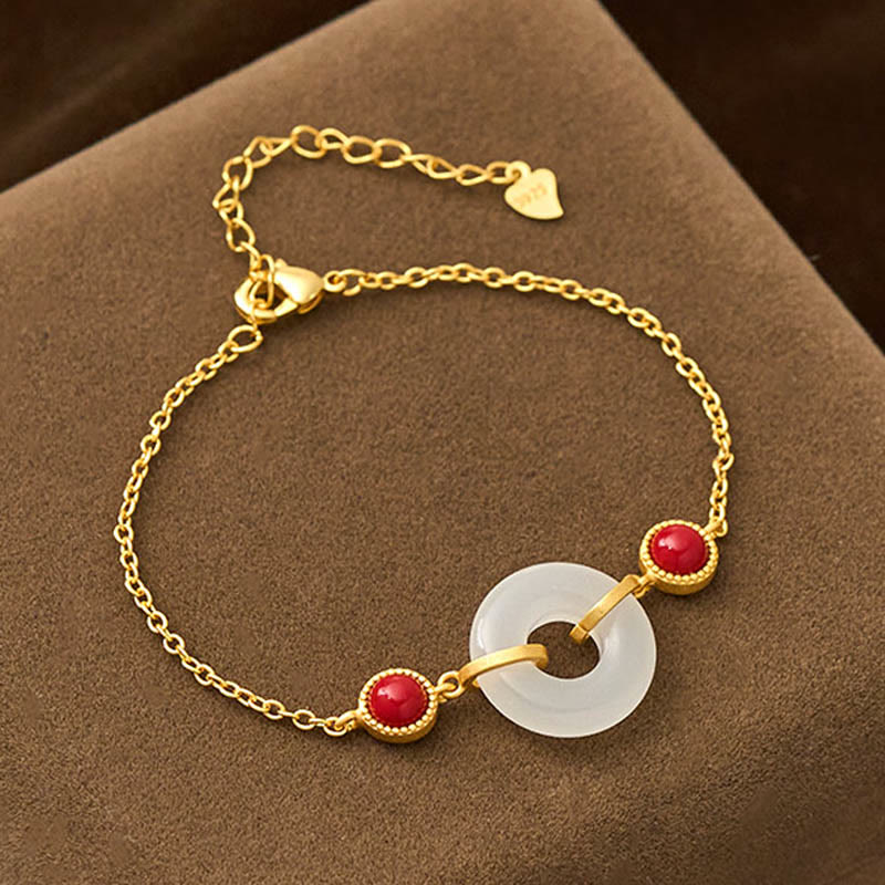 Buddha Stones Peace Buckle Hetian White Jade Copper Plated Gold Protection Bracelet