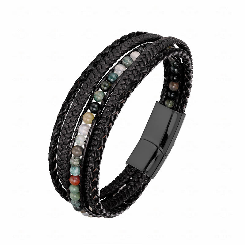 Buddha Stones Hematite Indian Agate Tiger Eye Amazonite Beaded Leather Strengthen Bracelet