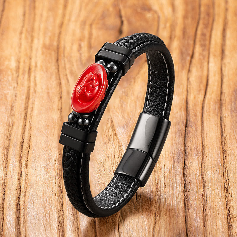 Buddha Stones Cinnabar Buddha Symbol Koi Fish Dragon Fu Character Pi Xiu Design Leather Blessing Bracelet
