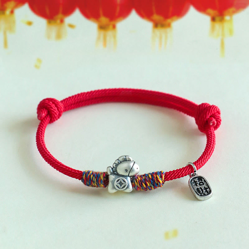 Buddha Stones 999 Sterling Silver Year of the Horse Fu Character Attract Fortune String Rope Luck Bracelet