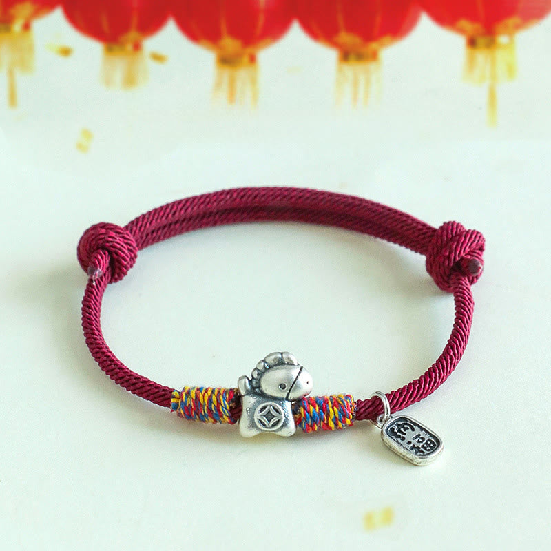 Buddha Stones 999 Sterling Silver Year of the Horse Fu Character Attract Fortune String Rope Luck Bracelet