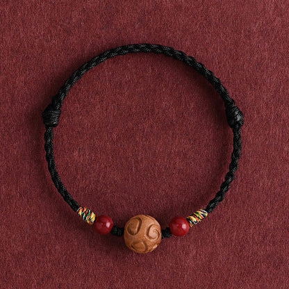 Buddha Stones Carved Auspicious Pattern Natural Peach Wood Rope Luck Bracelet