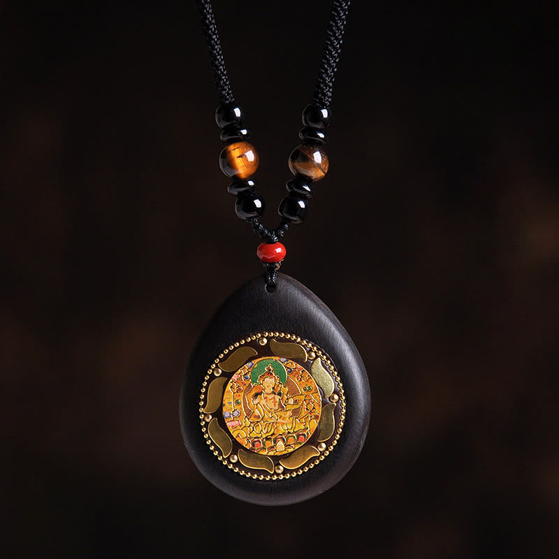 Buddha Stones Chinese Zodiac Natal Buddha Ebony Wood Tiger Eye Black Onyx Calm Necklace Pendants