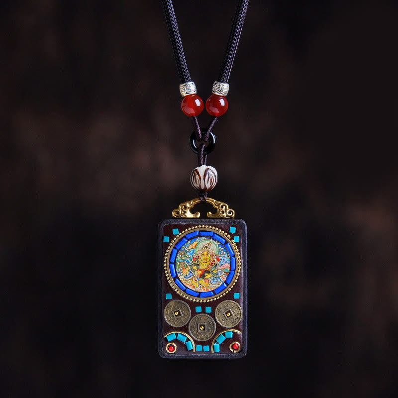 Buddha Stones Thangka Yin Yang Copper Coins Ebony Wood Zakiram Balance Pendant Necklace