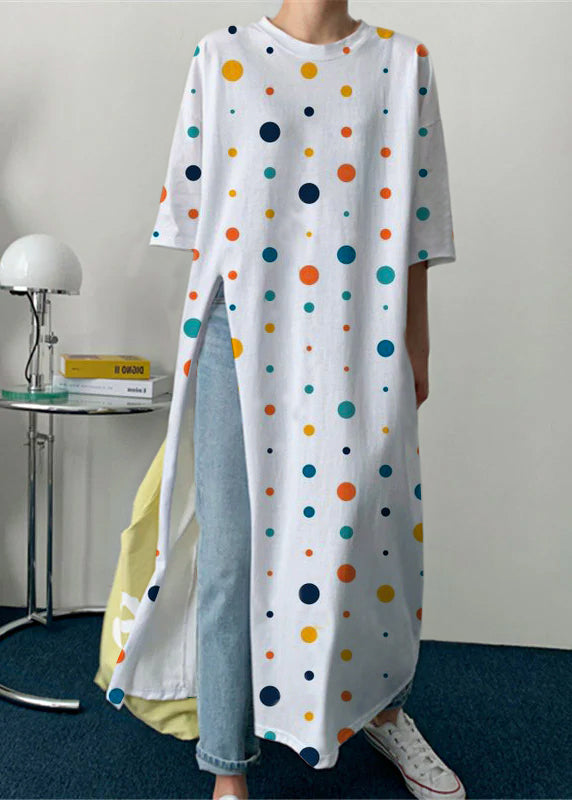 White Polka Dots O-neck Cotton Long T Shirt Half Sleeve