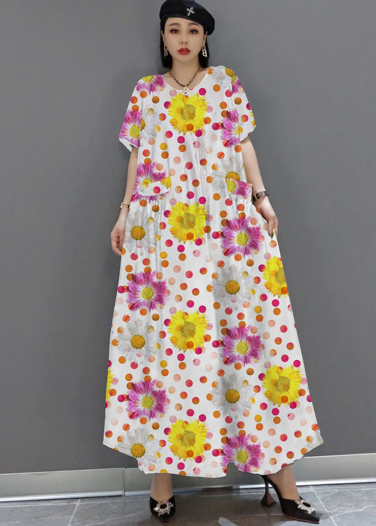 Loose Yellow O-neck Print Satin Maxi Dress Summer