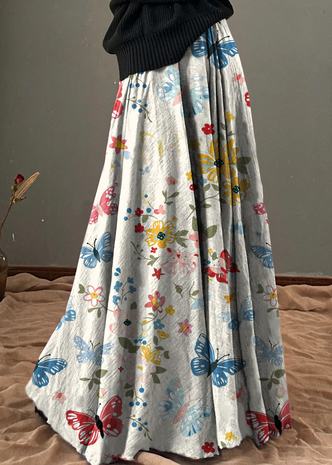 Unique White Polka Dots Elastic Waist Exra Large Hem Cotton Skirt Spring