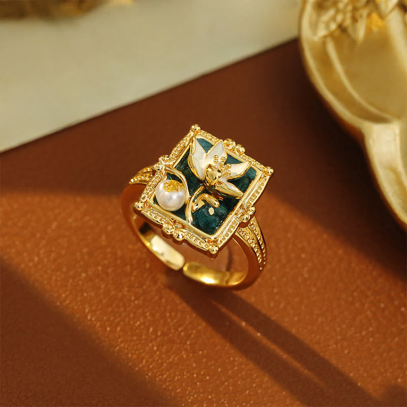 Buddha Stones Oil Painting Lotus Flower Pearl Copper Wealth Ring