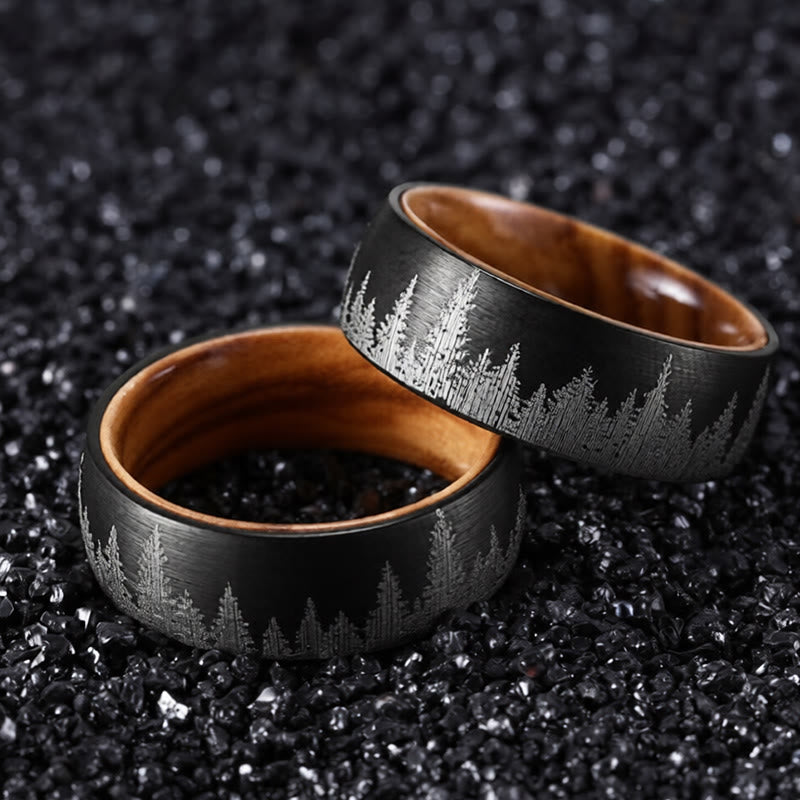 Buddha Stones Forest Pattern Wood Tungsten Steel Strength Ring