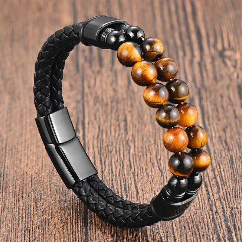 Buddha Stones Tiger Eye Double Wrap Braided Leather Protection Bracelet