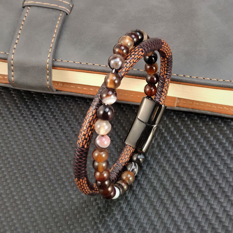 Buddha Stones Sardonyx Double Wrap Braided Leather Success Bracelet