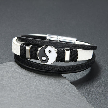 Buddha Stones Black White Yin Yang Multilayered Leather Balance Bracelet