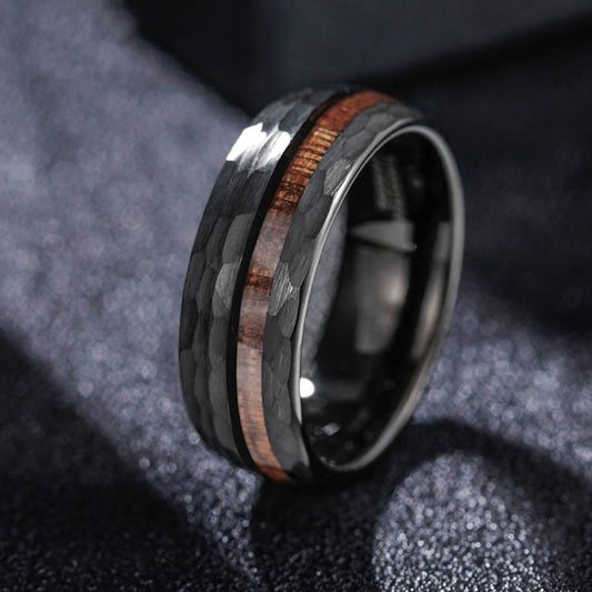 Buddha Stones Hammered Texture Inlay Tungsten Steel Endurance Ring