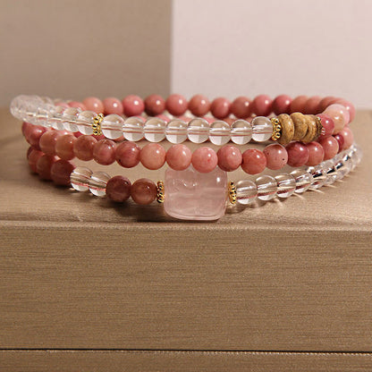 Buddha Stones Rhodonite Clear Quartz Rose Quartz Pixiu Triple Wrap Bracelet